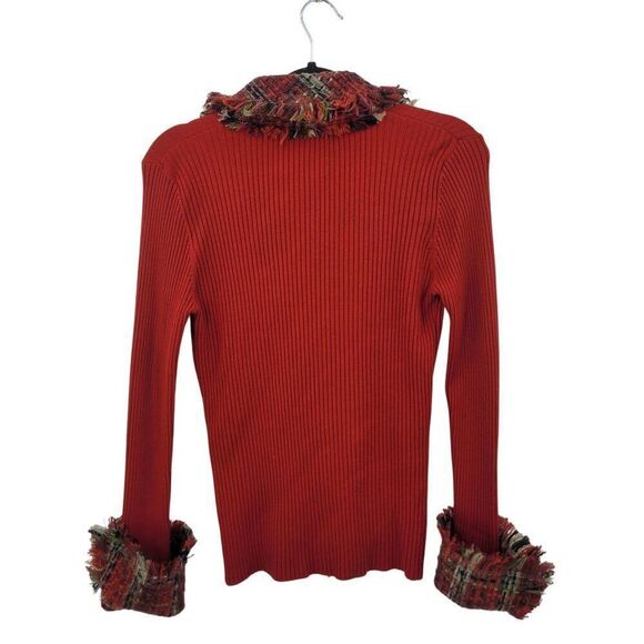 My Favorite Things Red Ribbed Silk Cardigan Jacket L Plaid Tweed Collar Cuffs - Picture 11 of 15